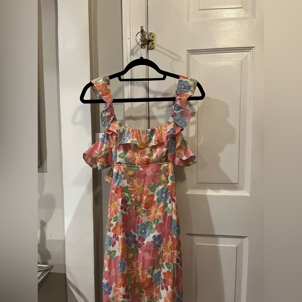 Tie Back Mini Dor L Dor Floral Ruffle Dress with Pink and Blue Flowers